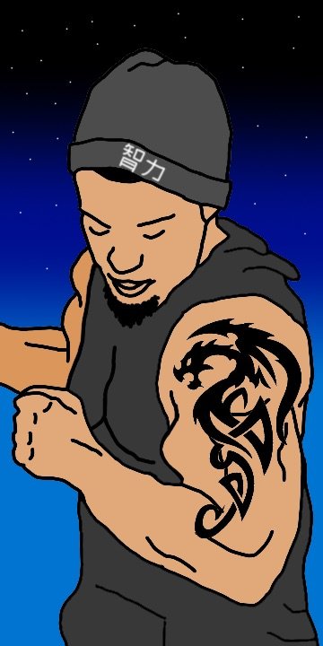 A drawing of ldz flexing art muscles with a night background