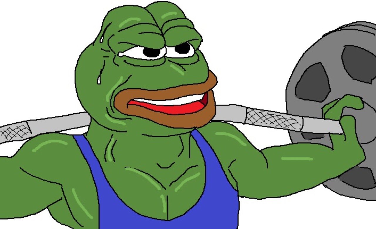 An image of buffed up pepe squating weights for leg day