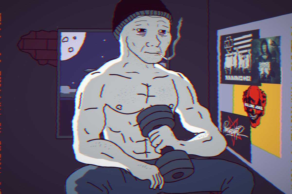 A picture of wojak buffed up at home working out