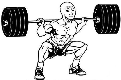 An image of buffed up wojak squating weights for leg day