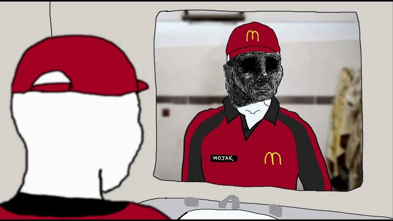 An image of wojak in wage slavery at mcdonalds