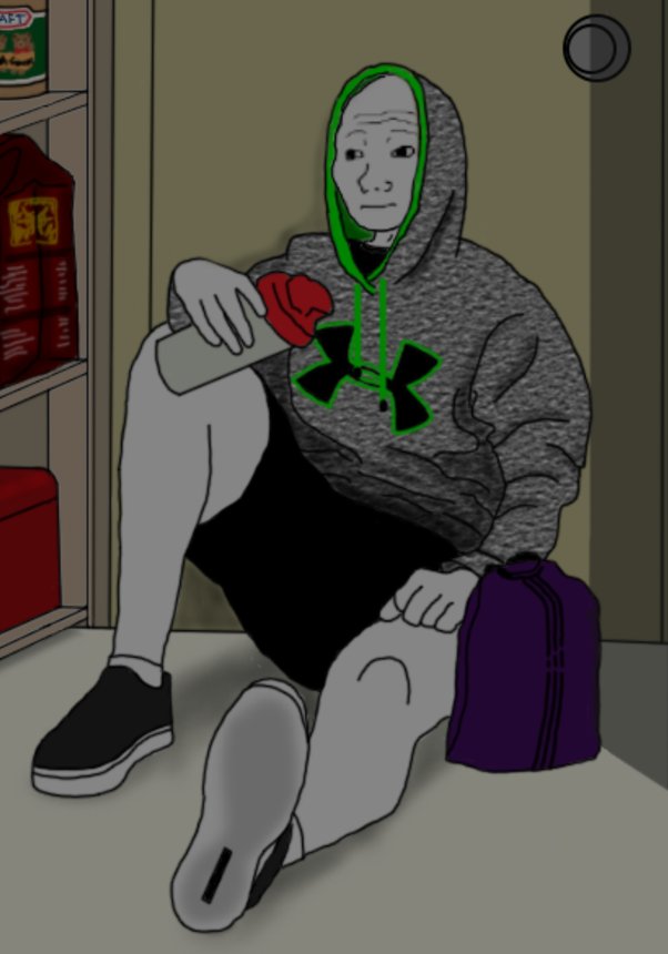 A gif of wojak at home after gym