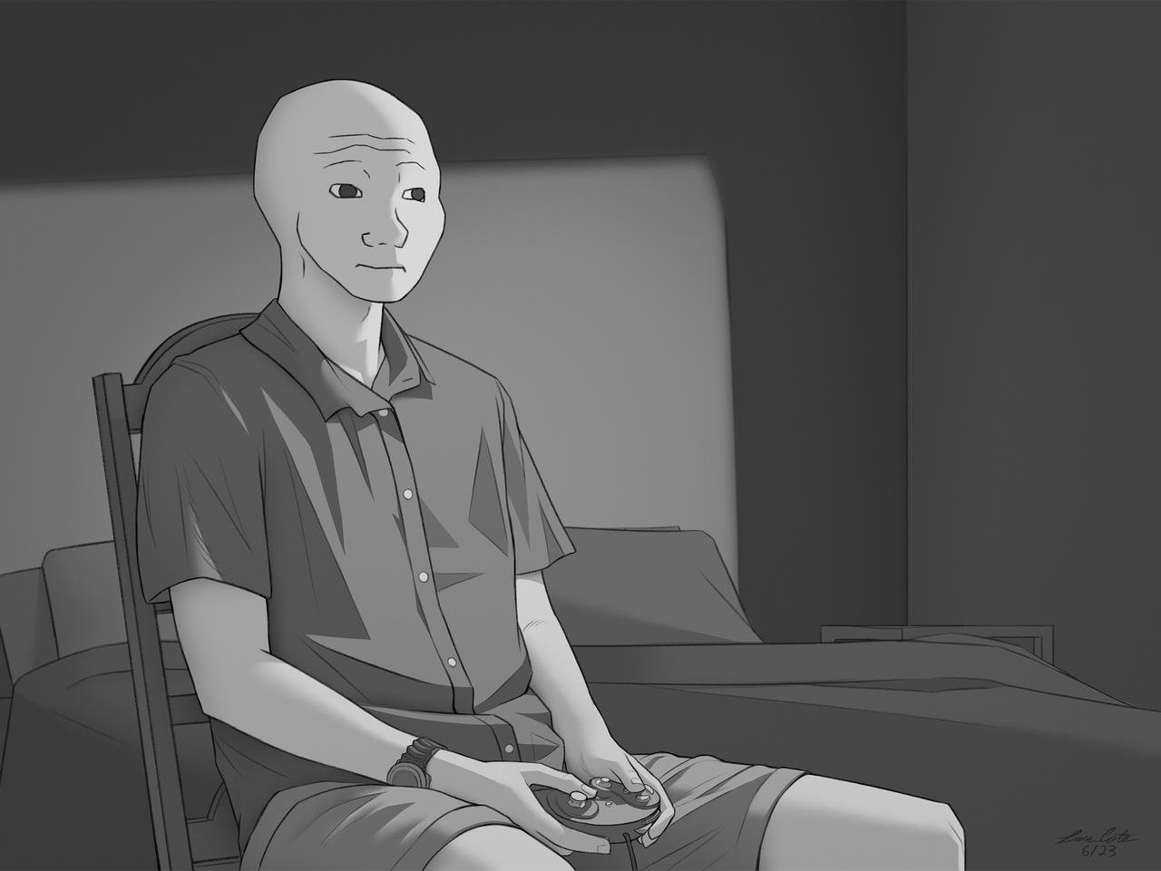 A picture of wojak sad on his gaming console